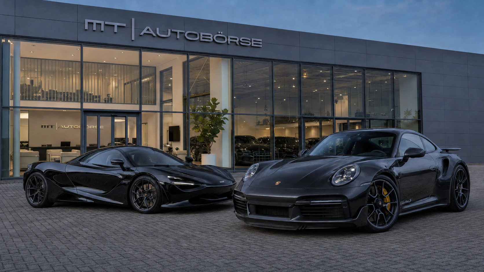 McLaren und Porsche vor der MT Autobörse im natürlichen Abendlicht