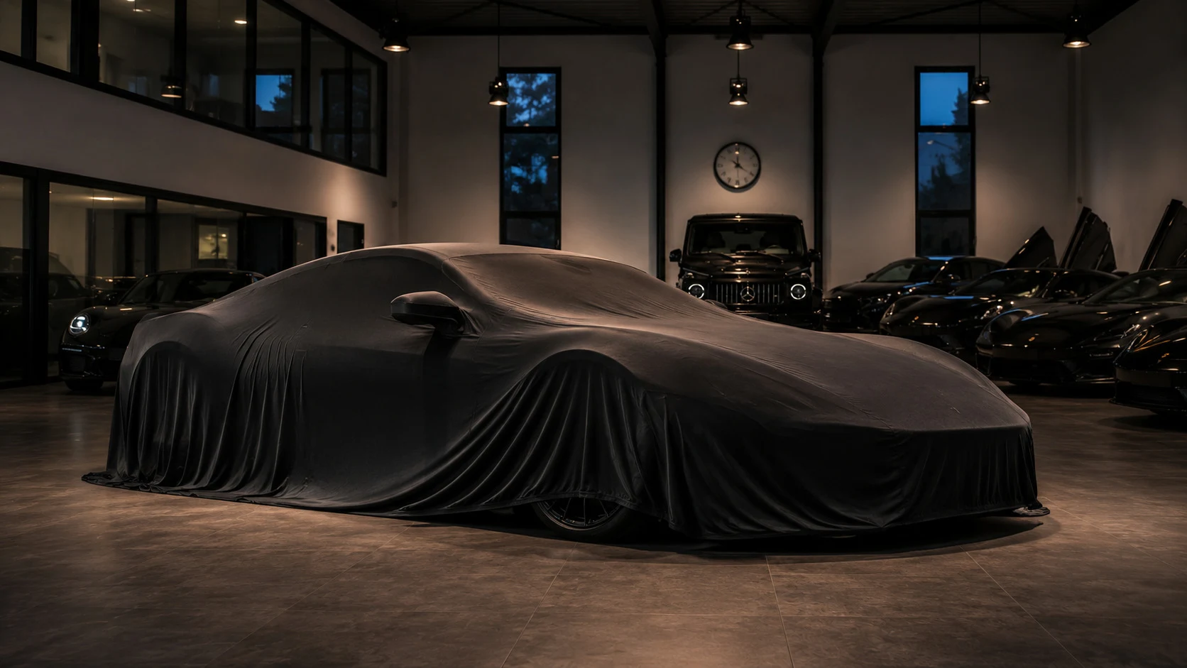Verhülltes Fahrzeug im Showroom der MT Autobörse