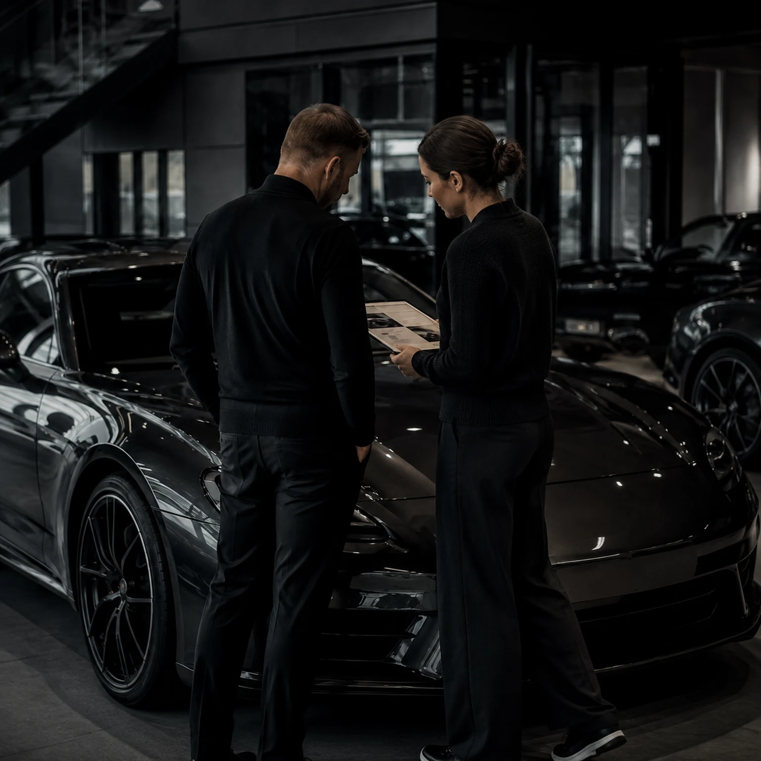 Zwei Personen besprechen Fahrzeugunterlagen neben einem Porsche im Showroom