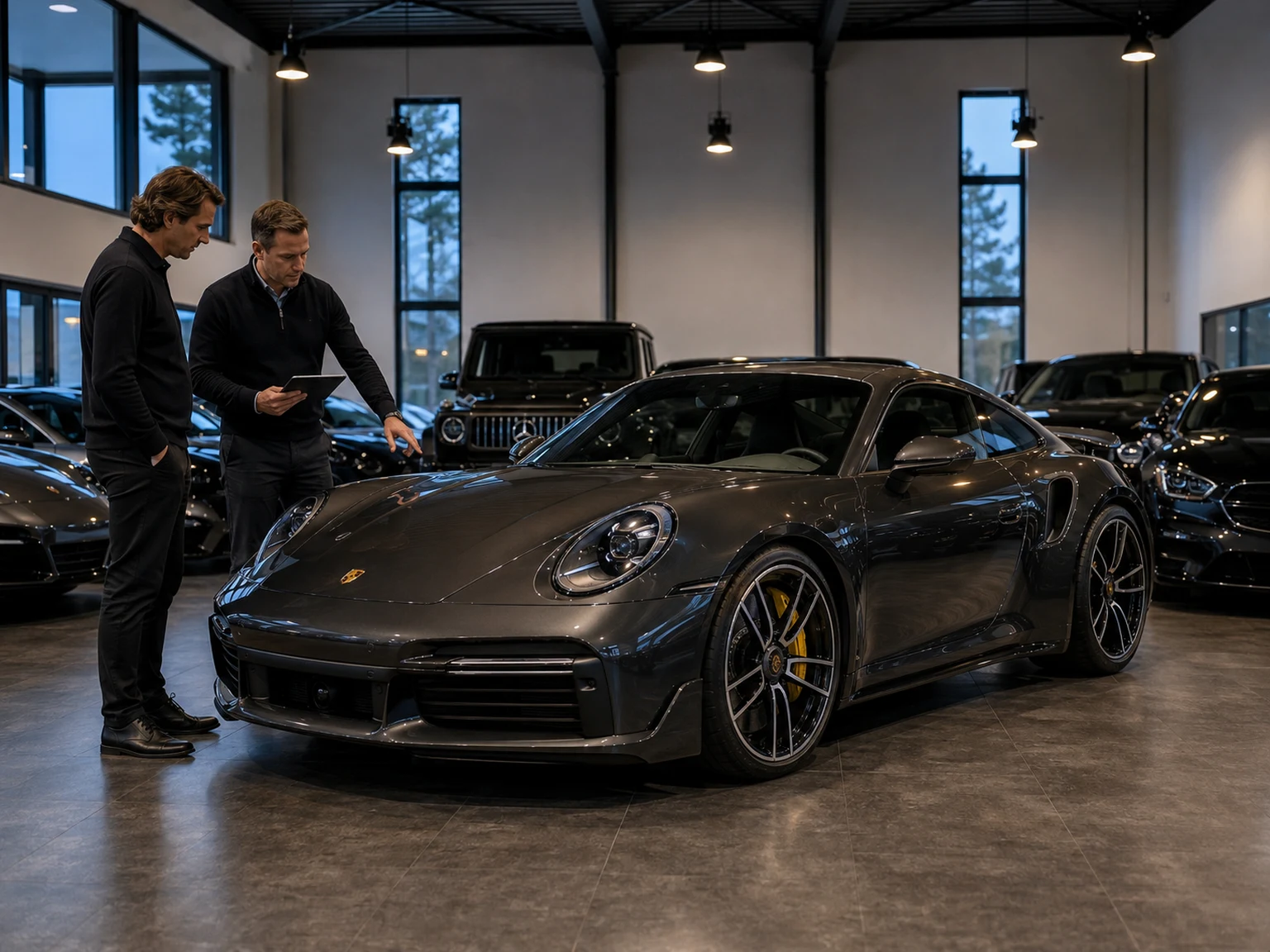 Besprechung am Porsche mit Tablet im Showroom